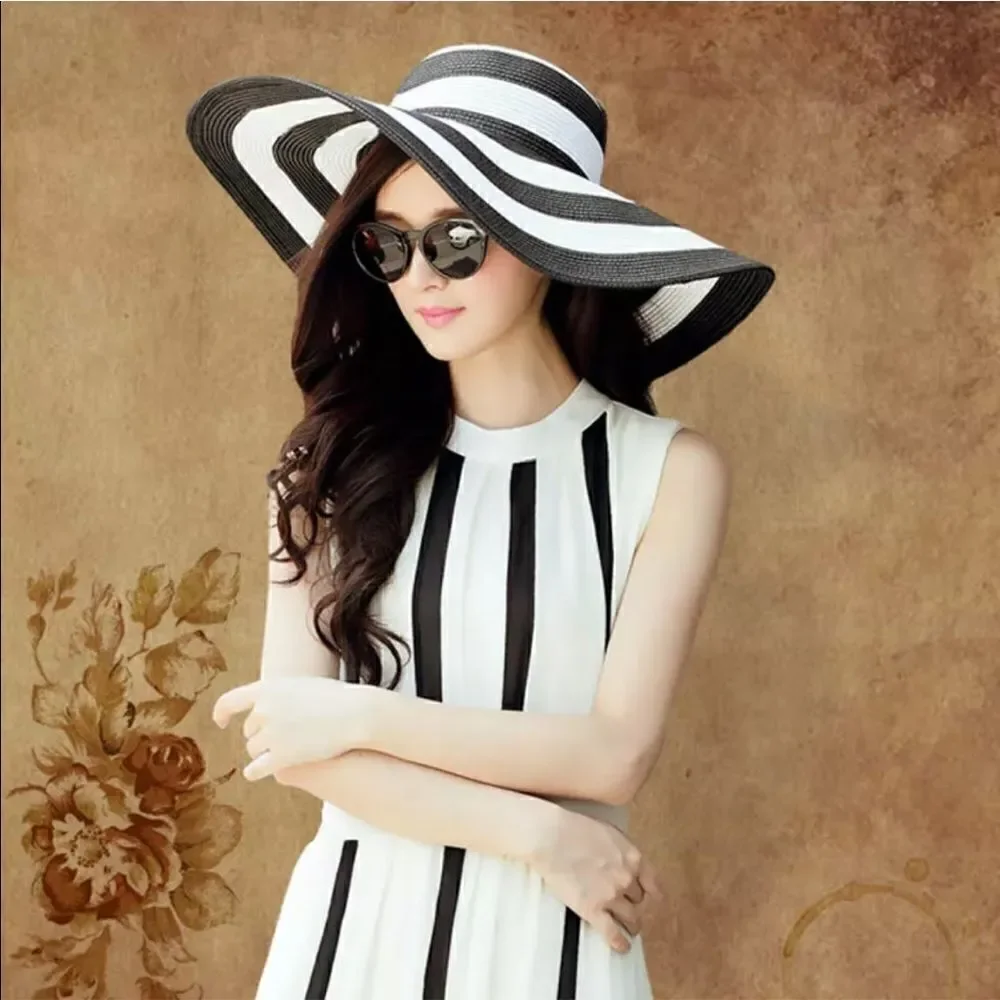 SUPER CHIC Striped Wide Brim UV Protection Summer Beach Sun Hat Adjustable